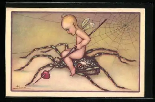 Künstler-AK Adolfo Busi: Feenkind reitet auf Spinne