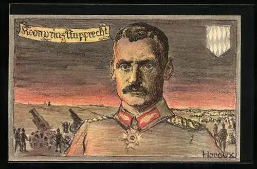 Künstler-AK Bruno Heroux: Kronprinz Rupprecht von Bayern vor Schlachtfeld