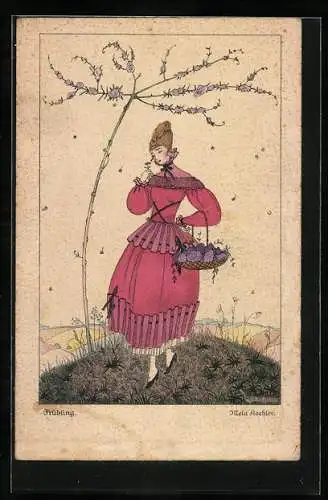 Künstler-AK Mela Köhler: Dame im roten Kleid mit Weinkorb