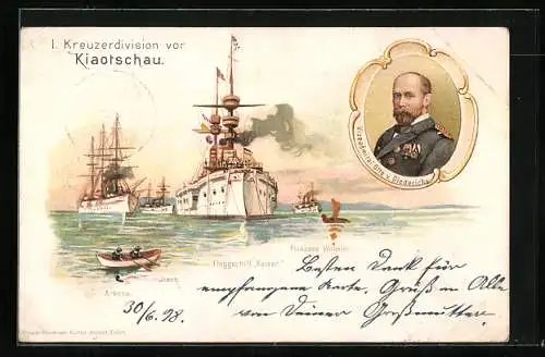 Lithographie Kiaotschau, Flaggschiff Kaiser und die Kriegsschiffe Arkona, Irene und Prinzess Wilhelm, Ostasiengeschwader