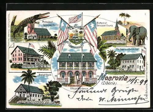 Lithographie Monrovia, Presidents Official Residence, Post Office, Baptist Church