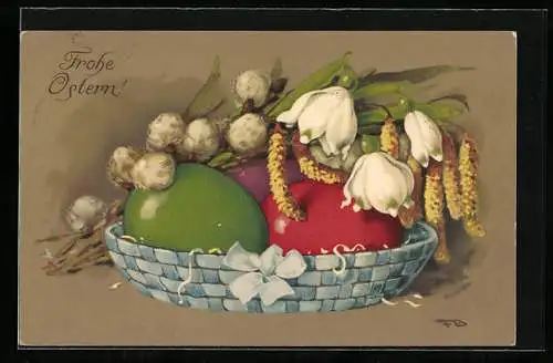 Künstler-AK Fritz Baumgarten: Frohe Ostern, Korb mit bunten Eiern und Blumen