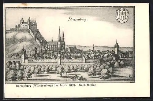 Künstler-AK Herrenberg /Württemberg, Blick auf Herzenberg im Jahr 1663, nach Merian