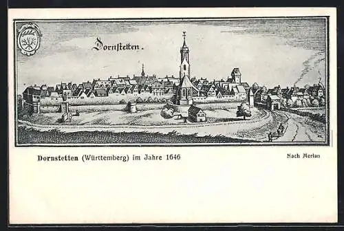 Künstler-AK Dornstetten /Württemberg, Ortsansicht mit Kirche im Jahr 1646, nach Merian