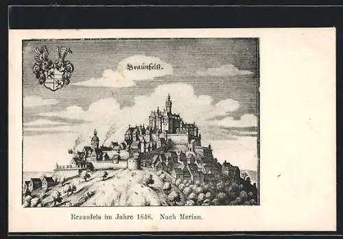 AK Braunfels, Ortsansicht im Jahre 1646, nach Merian