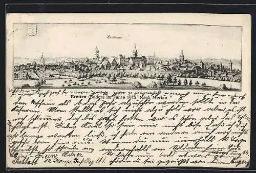 Künstler-AK Bretten /Baden, Ortsansicht mit Stadtmauer im Jahr 1645, nach Merian
