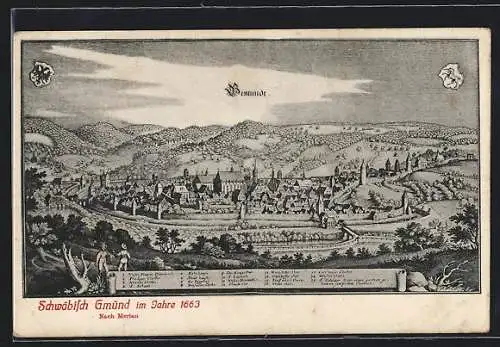 Künstler-AK Schwäbisch Gmünd, Ortsansicht mit Stadtmauer im Jahr 1663, nach Merian