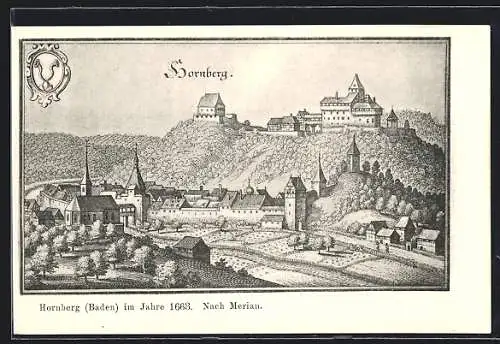 Künstler-AK Hornberg /Baden, Ortsansicht mit Kirche im Jahr 1663, nach Merian