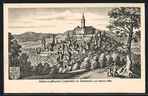 AK Lindenfels, Ortsansicht im Jahre 1630 nach Merian