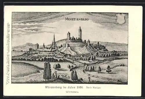 Künstler-AK Münzenberg /Wetterau, Ansicht der Burg im Jahr 1646, nach Merian