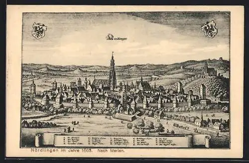 Künstler-AK Nördlingen, Ortsansicht mit Pfarrkirche im Jahr 1663, nach Merian