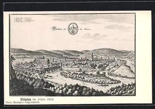 Künstler-AK Münden an der Werra, Ortsansicht mit Brücke im Jahr 1654, nach Merian