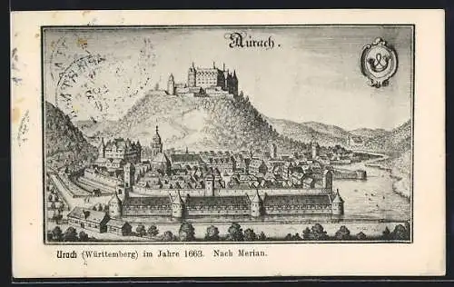 AK Urach, Ortsansicht Anno 1663 nach Merian