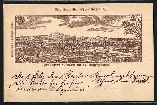 Lithographie Frankfurt a. Main, Ortsansicht im 17. Jahrhundert nach Merian