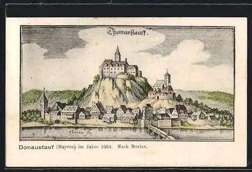 Künstler-AK Donaustauf, Ortsansicht mit burg im Jahr 1664, nach Merian