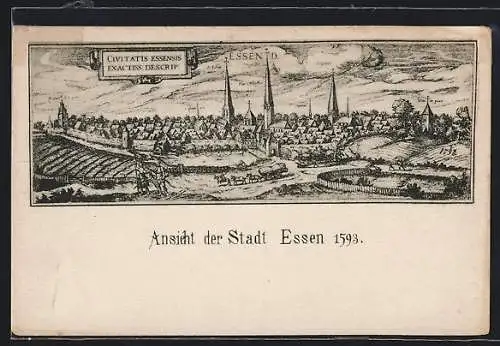 Künstler-AK Essen / Ruhr, Ortsansicht mit Kirche im Jahr 1593, nach Merian