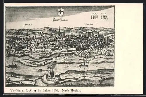 Künstler-AK Verden a. d. Aller, Ortsansicht mit Kirche S. Nicolaus im Jahr 1653, nach Merian