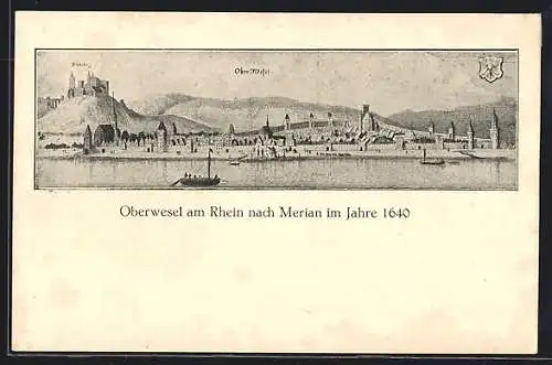 Künstler-AK Oberwesel am Rhein, Ortsansicht mit Schlossberg im Jahr 1640, nach Merian