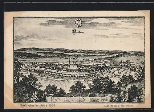 Künstler-AK Northeim, Ortsansicht mit Kloster S. Blasy im Jahr 1654, nach Merian