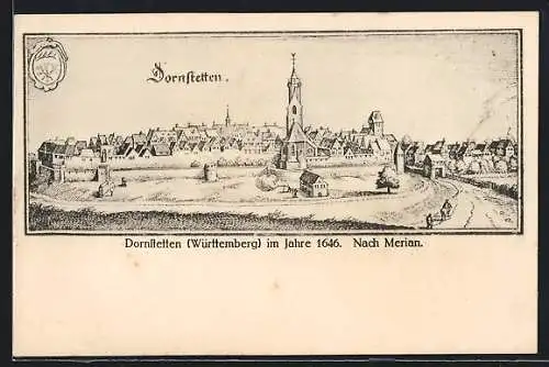 Künstler-AK Dornstetten /Württemberg, Ortsansicht mit Kirche im Jahr 1646, nach Merian