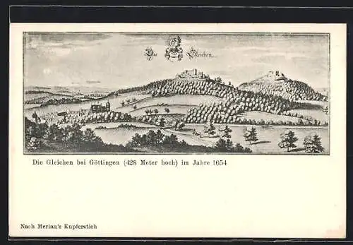 Künstler-AK Gleichen bei Göttingen, Ortsansicht mit Burg im Jahr 1654, nach Merian