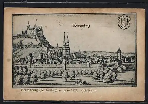 AK Herrenberg, Ortsansicht mit Kirche im Jahre 1663 nach Merian