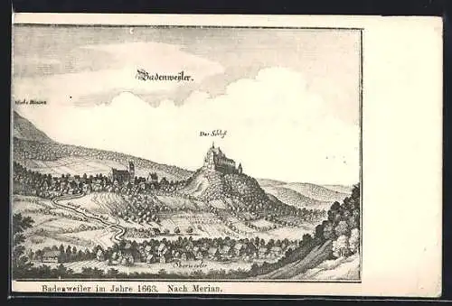 Künstler-AK Badenweiler, Ortsansicht mit Schloss im Jahr 1663, nach Merian