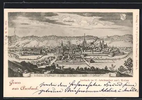 Künstler-AK Ansbach / Bayern, Ortsansicht mit Stiftskirche und Pfarrkirche im 17. Jahrhundert, nach Merian
