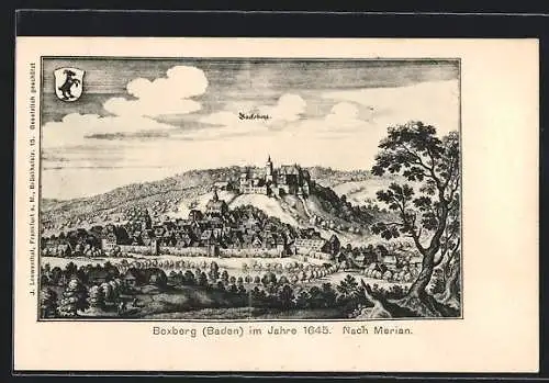 Künstler-AK Boxberg /Baden, Ortsansicht mit Festung im Jahr 1645, nach Merian