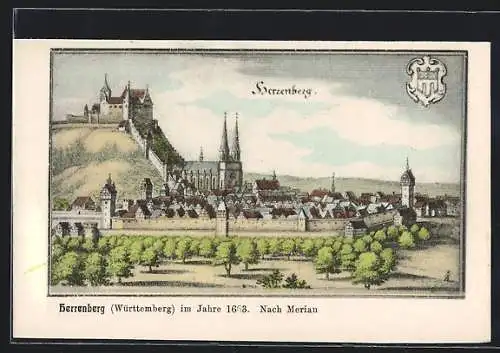 AK Herrenberg, Ortspartie mit Schloss im Jahre 1663 nach Merian