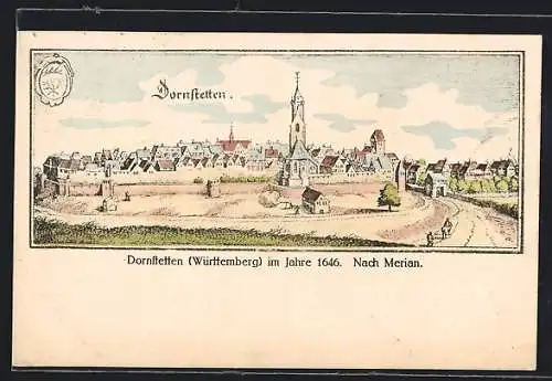 Künstler-AK Dornstetten /Württemberg, Ortsansicht mit Stadtmauer und Kirche im Jahr 1646, nach Merian