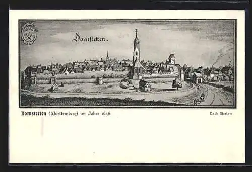 Künstler-AK Dornstetten /Württemberg, Ortsansicht mit Stadtmauer im Jahr 1646, nach Merian