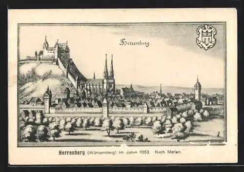 AK Herrenberg, Ortsansicht mit Stadtmauer nach Merian im Jahr 1663