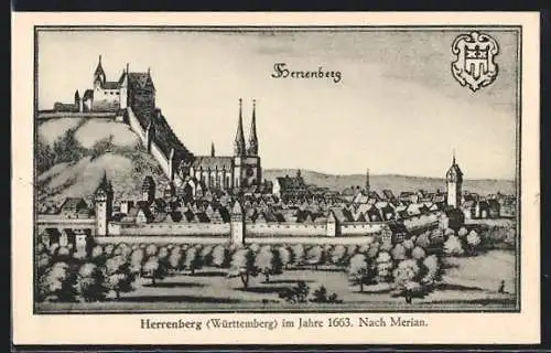 AK Herrenberg / Württemberg, Gesamtansicht im Jahre 1663, nach Merian