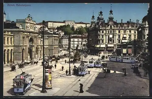 AK Zürich, Strassenbahnen auf dem Bahnhofplatz