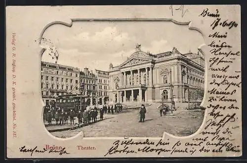 AK Brünn, Strassenbahn vor dem Theater