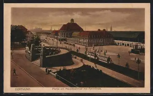 AK Dortmund, Partie am Hauptbahnhof mit Strassenbahn und Fehmlinde