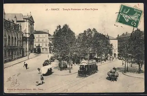 AK Nancy, Temple Protestant et Place St-Jean, Strassenbahn