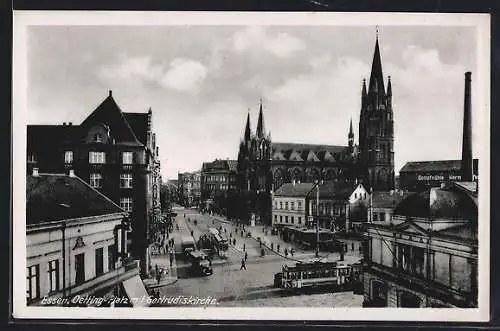 AK Essen, Strassenbahnen auf dem Oetting-Platz mit Gertrudiskirche