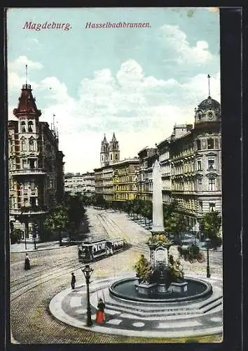 AK Magdeburg, Hasselbachbrunnen mit Strassenbahn