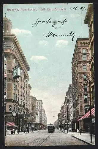 AK St. Louis, Broadway from Locust, North East, Strassenbahn