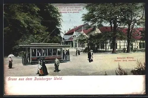 AK Duisburg, Duisburger Wald, Restaurant Monning mit Strassenbahn