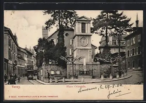 AK Vevey, Place Orientale, Strassenbahn