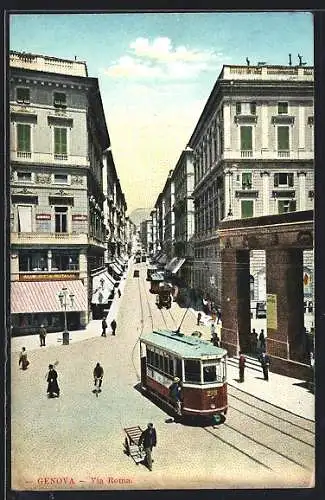 AK Genova, Via Roma, Strassenbahn