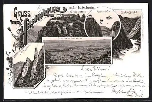 Lithographie Thale, Hotel Hexentanzplatz, Hirschgrund und Bismarckstein