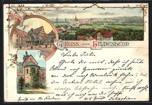 Lithographie Hildesheim, Andreasplatz und 1000-jähriger Rosenstock