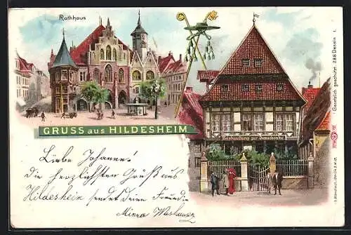 Lithographie Hildesheim, Gasthaus zur Domschänke und Rathaus