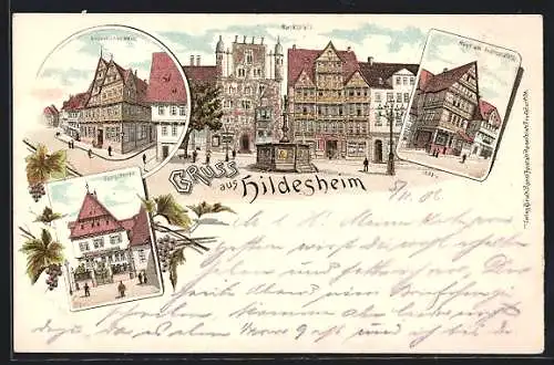 Lithographie Hildesheim, Markplatz, Altdeutsches Haus, Haus am Adenauerplatz