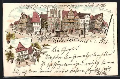 Lithographie Hildesheim, Markplatz, Altdeutsches Haus, Haus am Adenauerplatz