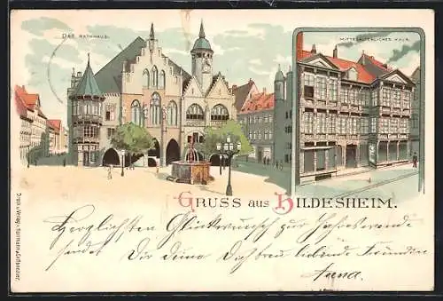 Lithographie Hildesheim, Rathaus und mittelalterliches Haus